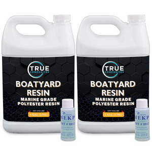 Two large gallon containers of True Composites Boatyard Resin with smaller catalyst bottles on a white background.