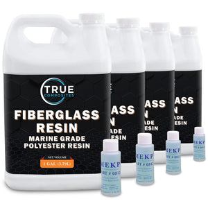 Four gallon jugs of True Composites Fiberglass Resin Marine Grade Polyester Resin with four MEKP catalyst bottles sitting next to them with white background.