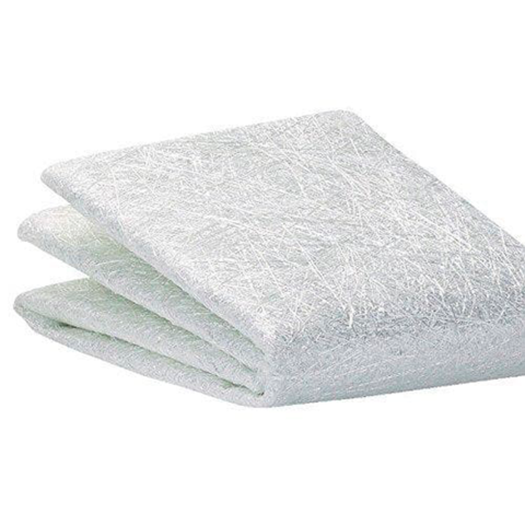 Folded white fiberglass chopped strand mat with white background.