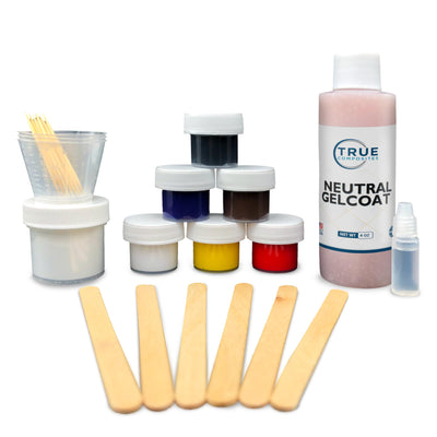 An array of gelcoat repair kit items including containers of gelcoat, coloring agents, hardener, talc powder, mixing paddles, and cups.