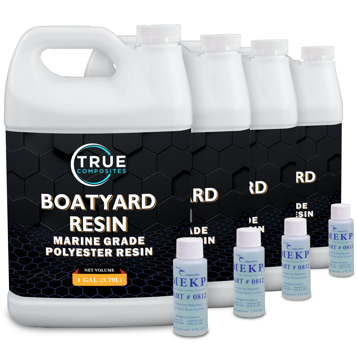 Four gallons of True Composites Boatyard Resin with 2 ounce MEKP bottles on a white background.