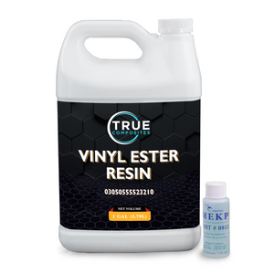 Gallon container of True Composites Vinyl Ester Resin with a smaller bottle of MEKP on a white background