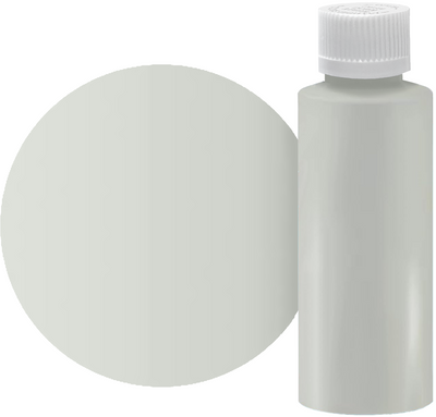 White four ounce bottle with white cap next to color swatch on a white background